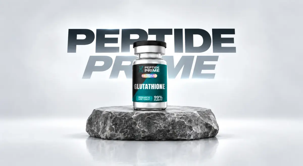 Peptide Prime Glutathione vial on a stone pedestal